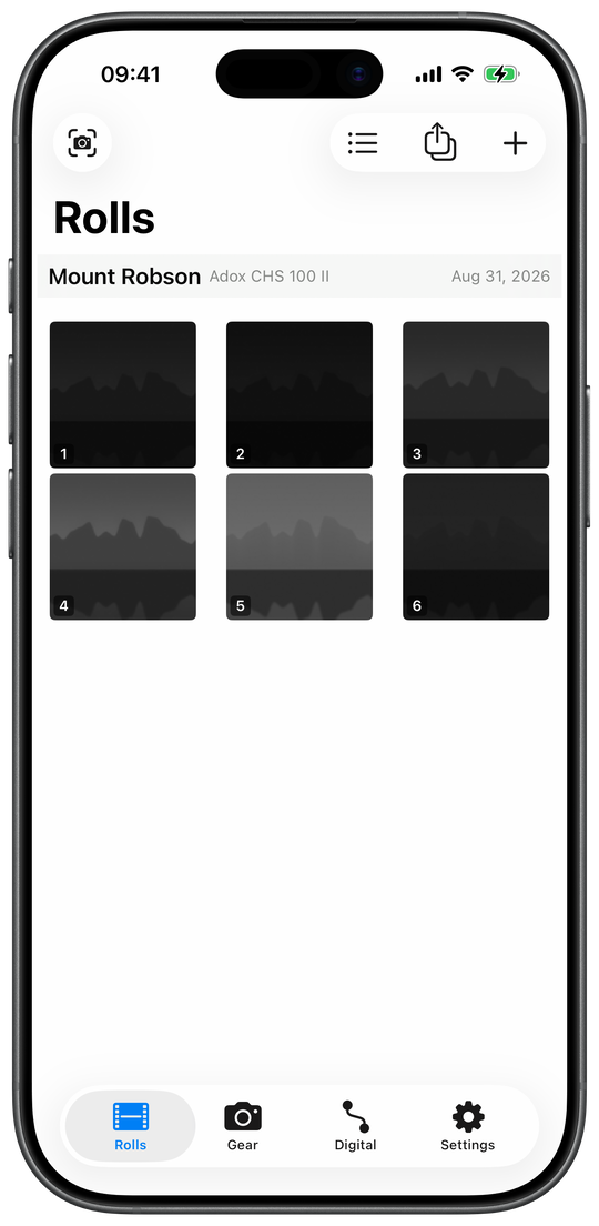 The Rolls tab showing a written roll as a contact sheet. A header reads Mount Robson, Adox CHS 100 II. Below it, six monochrome scans of a ridge above a lake, laid out three across, each carrying its frame number in the corner from 1 to 6.
