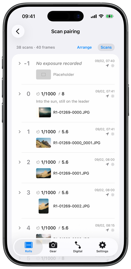 The Scan pairing screen, reading 38 scans · 40 frames, with Arrange and Scans beside the count. Numbered rows pair frames with scan files: frame −1, No exposure recorded, holds a Placeholder; frame 0, at 1/1000 and f/8 with the note Into the sun, still on the leader, sits over R1-01269-0000.JPG; frames 1, 2 and 3 sit over R1-01269-0000_0001.JPG, R1-01269-0001.JPG and R1-01269-0002.JPG, and frame 4 runs under the tab bar at the foot of the screen.